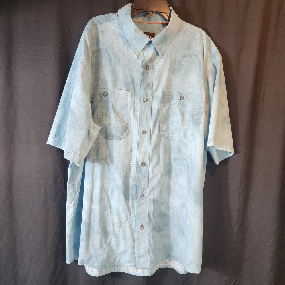ORVIS Mens Active‎ Fit Short Sleeve Button Up Shirt Light Blue Check  Size L